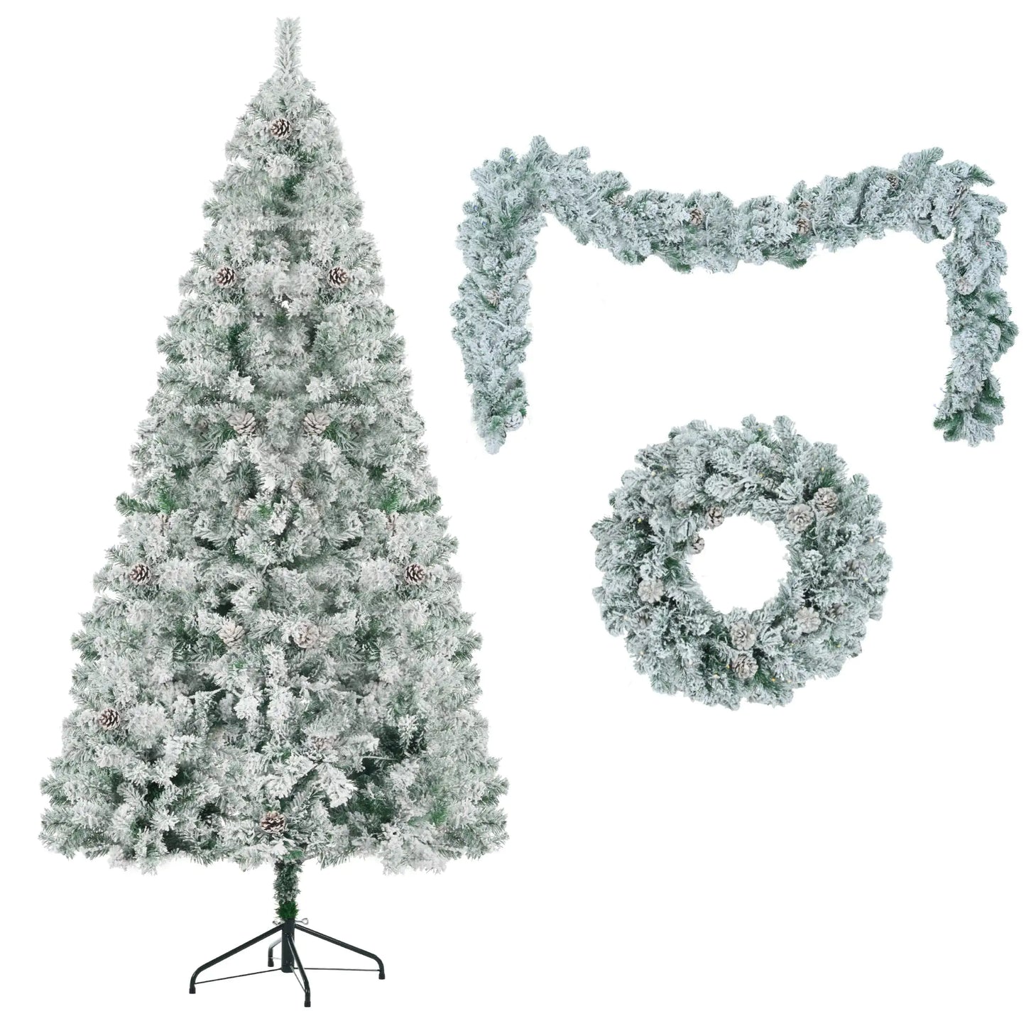 6 Feet Snow Covered Christmas Tree, Pre-Installed Light Set With Tree & Garland & Garland, Artificial Hinged Christmas Tree With Colored LED Lights, 8 Lighting Modes, Pine Cone, Home Holiday Decoratio