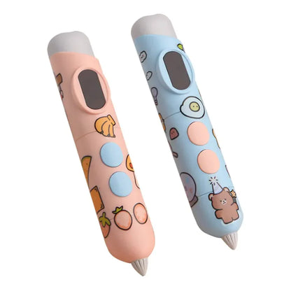 Two colorful pens with cartoon designs on a white background