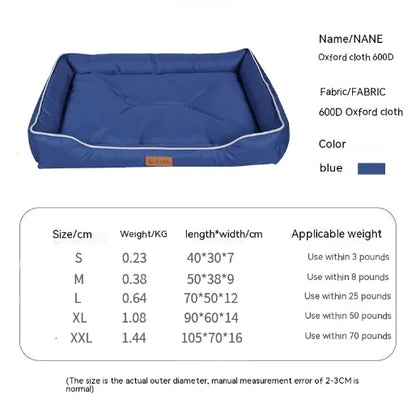 Blue pet bed with size and weight specifications on a white background
