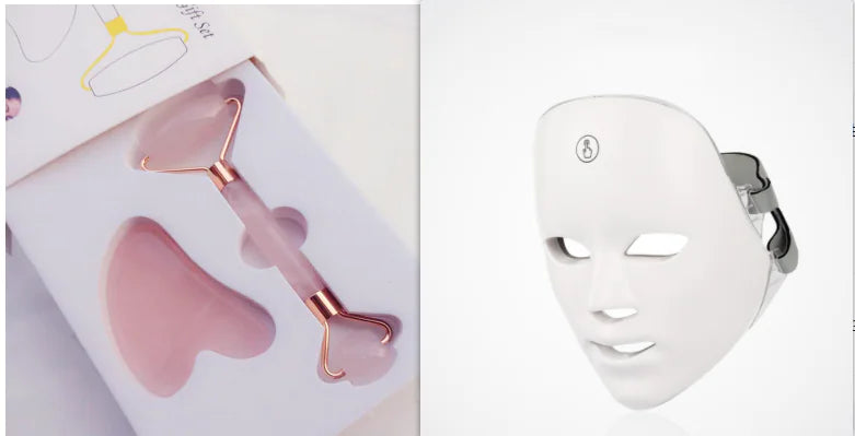 Collage of facial tools including a pink roller, gua sha tool, and a white LED face mask on a white background.