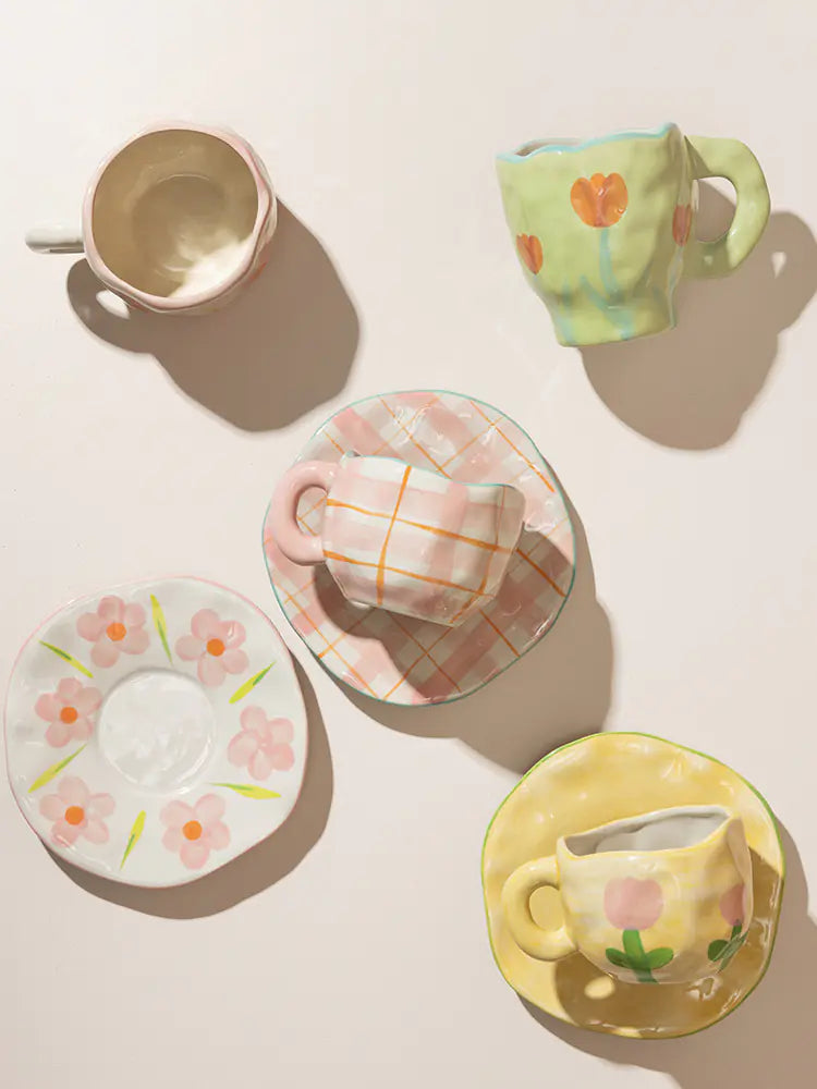 Vintage Hand-painted Tulip Ceramic Coffee Cup Set
