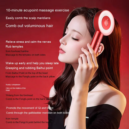 Woman using a red electronic device on her head with text about acupoint massage benefits on a red background