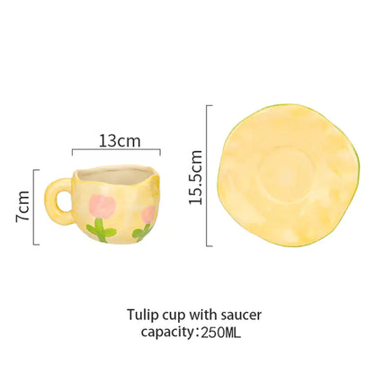 Vintage Hand-painted Tulip Ceramic Coffee Cup Set