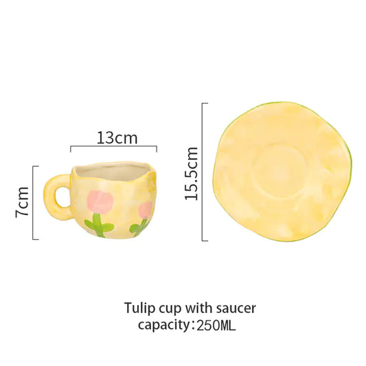 Vintage Hand-painted Tulip Ceramic Coffee Cup Set