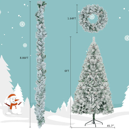6 Feet Snow Covered Christmas Tree, Pre-Installed Light Set With Tree & Garland & Garland, Artificial Hinged Christmas Tree With Colored LED Lights, 8 Lighting Modes, Pine Cone, Home Holiday Decoratio