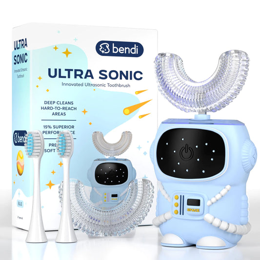 Robotic ultrasonic toothbrush with packaging and attachments on a white background