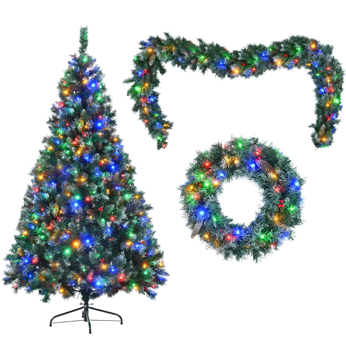 6 Feet Dark Green Pine Christmas Tree, Pre-Installed Lighting Set With Tree, Garland & Garland, Hinged Artificial Christmas Tree,