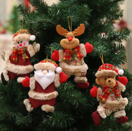 Christmas tree decorations including Santa Claus, reindeer, and bear ornaments.
