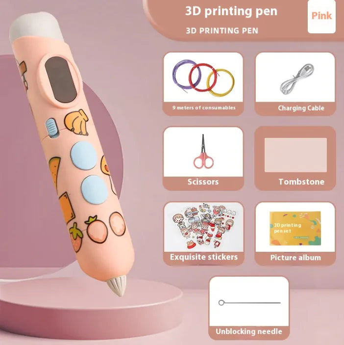Pink 3D printing pen with accessories on a pink background
