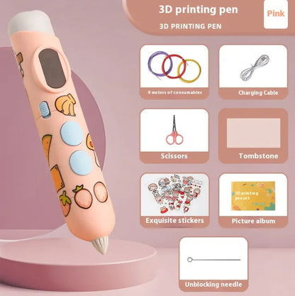 Pink 3D printing pen with accessories on a pink background