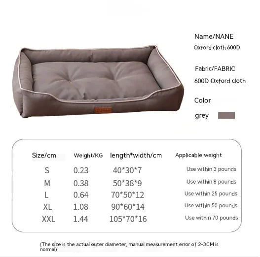 Gray pet bed with size and weight specifications on a white background