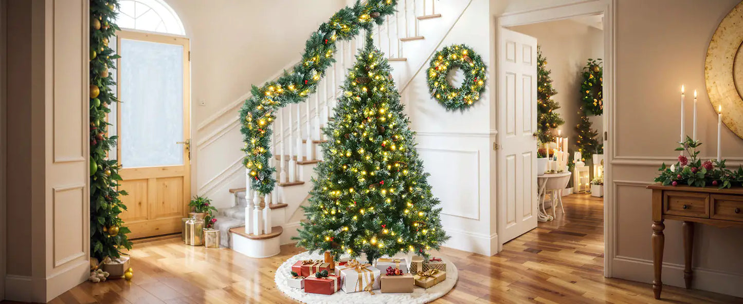 6 Feet Dark Green Pine Christmas Tree, Pre-Installed Lighting Set With Tree, Garland & Garland, Hinged Artificial Christmas Tree,