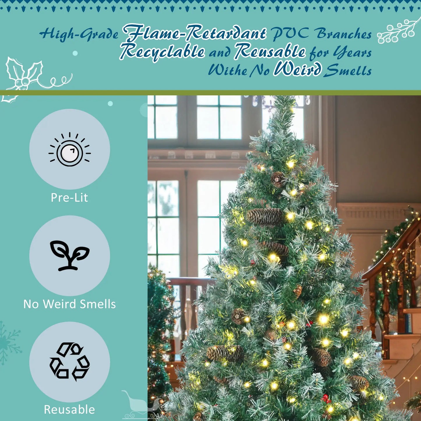 6 Feet Dark Green Pine Christmas Tree, Pre-Installed Lighting Set With Tree, Garland & Garland, Hinged Artificial Christmas Tree,