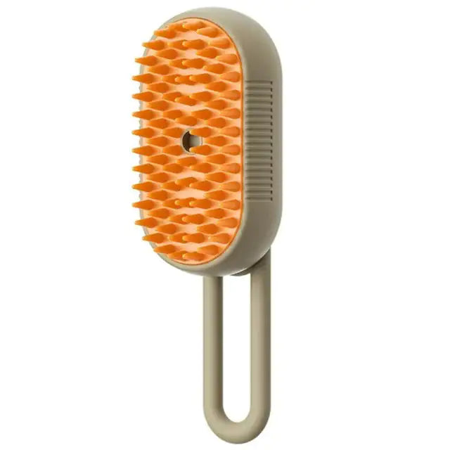 Pet grooming brush with orange bristles and beige handle on a white background