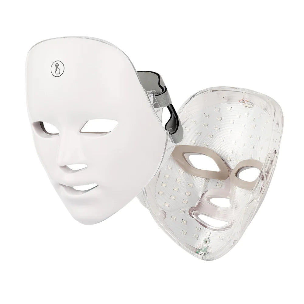 White LED face mask with a clear plastic cover on a white background