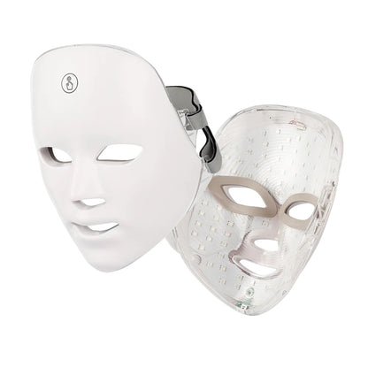 White LED face mask with a clear plastic cover on a white background