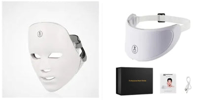 White LED face mask with packaging and accessories on a white background