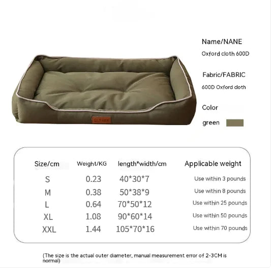 Green pet bed with size chart on a white background