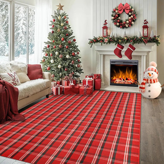 Homydecor Christmas Red and Green White Plaid Rug - 8 x 10 Outdoor Front Door Mat Cotton Washable Hand-Woven Rug for Layered Doormat New Year Christmas Decor Carpet for Porch Entryway