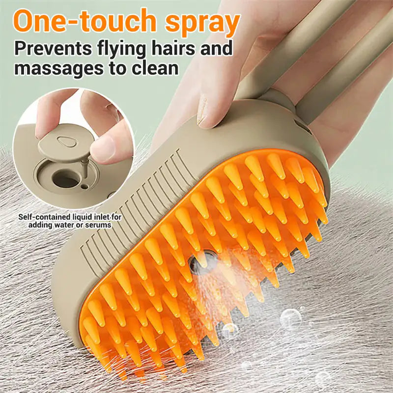 Grooming brush with orange bristles and a self-contained liquid inlet, used to prevent flying hairs and massage cleaning.