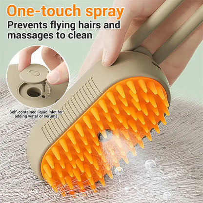 Grooming brush with orange bristles and a self-contained liquid inlet, used to prevent flying hairs and massage cleaning.