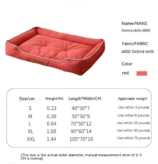 Red pet bed with size and weight information on a white background