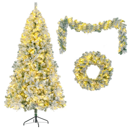 6 Feet Snow Covered Christmas Tree, Pre-Installed Light Set With Tree & Garland & Garland, Artificial Hinged Christmas Tree With Colored LED Lights, 8 Lighting Modes, Pine Cone, Home Holiday Decoratio