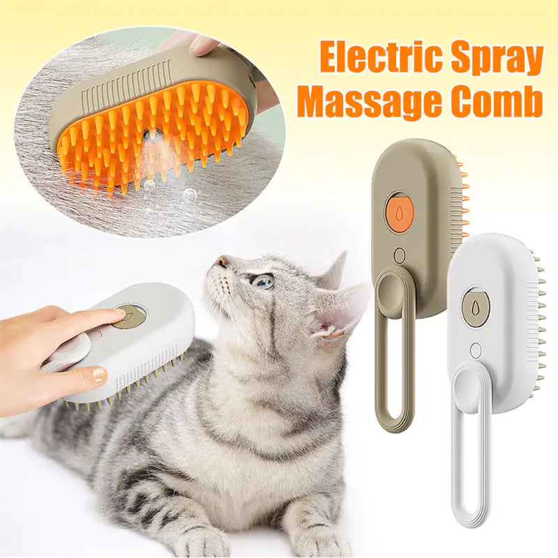 Electric spray massage comb with a cat being groomed, on a light yellow background.