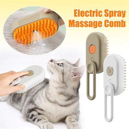Electric spray massage comb with a cat being groomed, on a light yellow background.