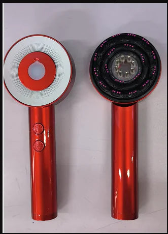 Two red handheld hair dryers with different nozzles on a light gray background