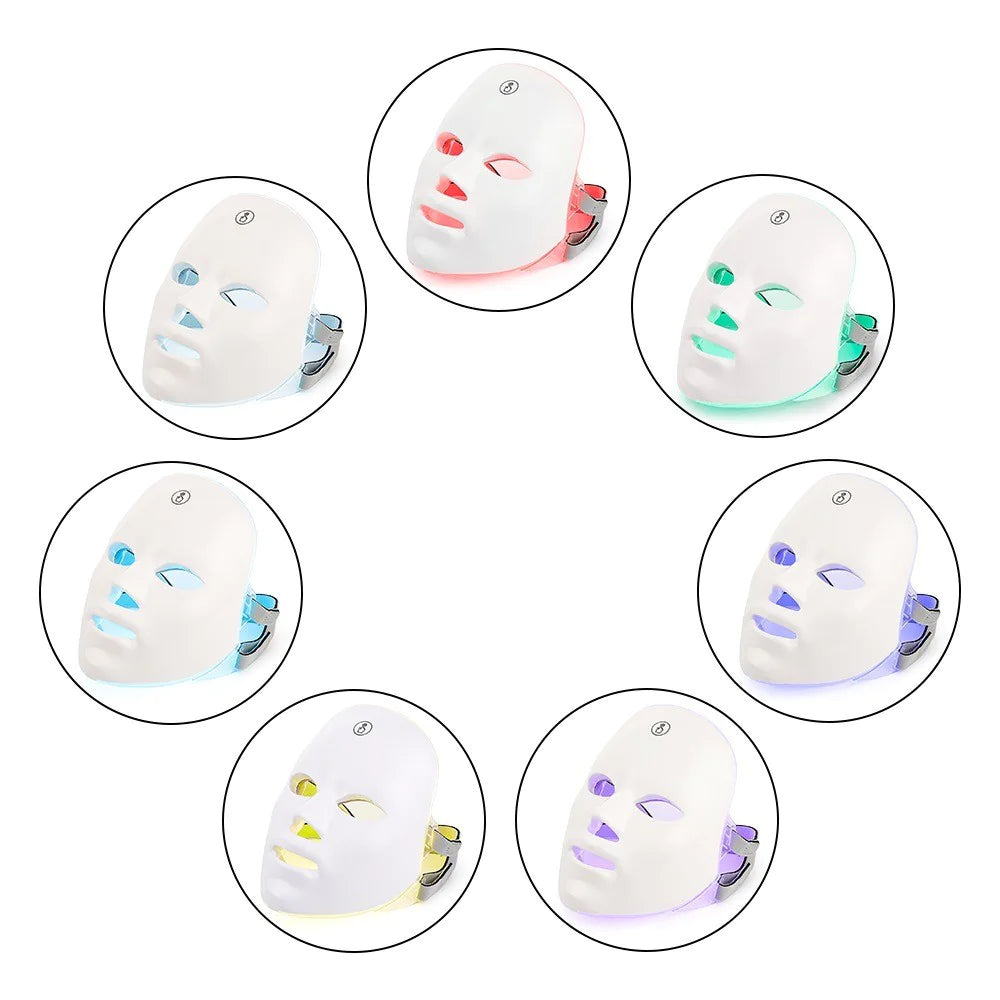 White face mask with colorful LED lights in various colors on a white background