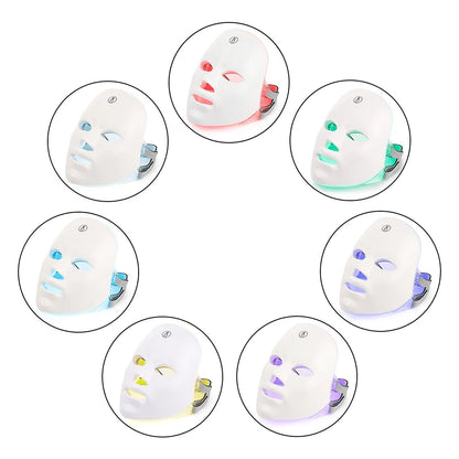 White face mask with colorful LED lights in various colors on a white background