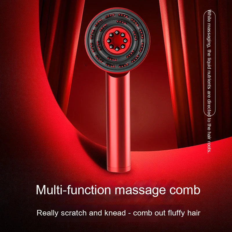 Red multi-function massage comb on a red background with text describing its features.