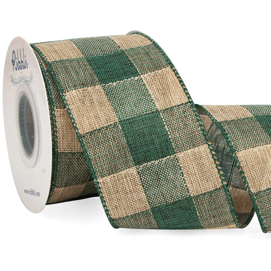 Ribbli Christmas Ribbon Wired Vintage Green and Beige Check Ribbon 2-1/2 inch x Continuous 10 Yard Christmas Tree Ribbon for Topper BowChristmas Wreath and SwagTree DecorationGift Wrapping