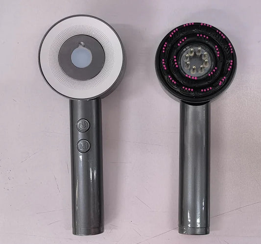 Two handheld hair dryers, one with a white top and one with a black top, on a light gray background.