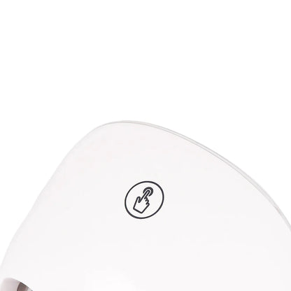 Close-up of a white electronic device with a circular logo on a white background