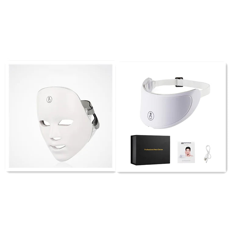 White LED face mask with packaging and accessories on a white background