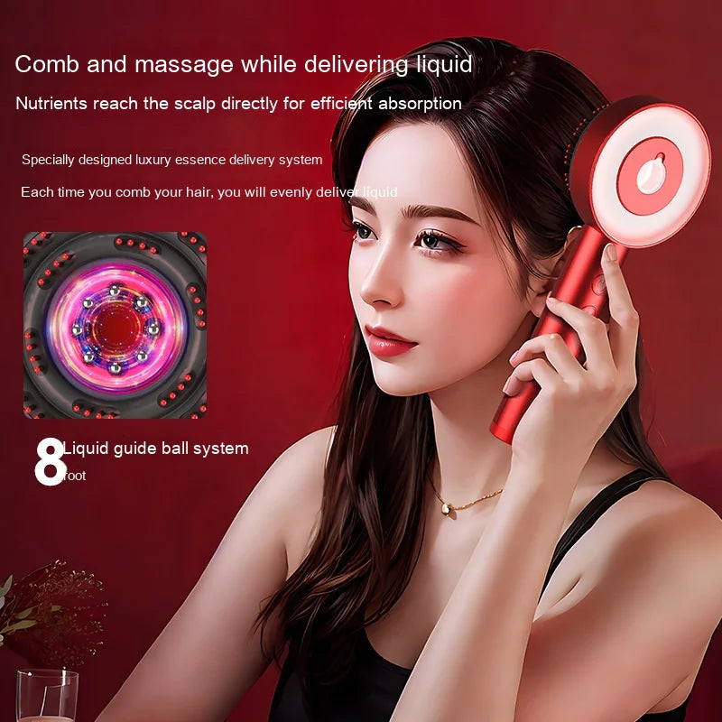 Woman using a hair care device with text about its features on a red background