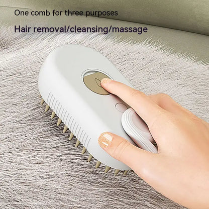 Hand holding a grooming brush with text indicating its multiple uses on fur.