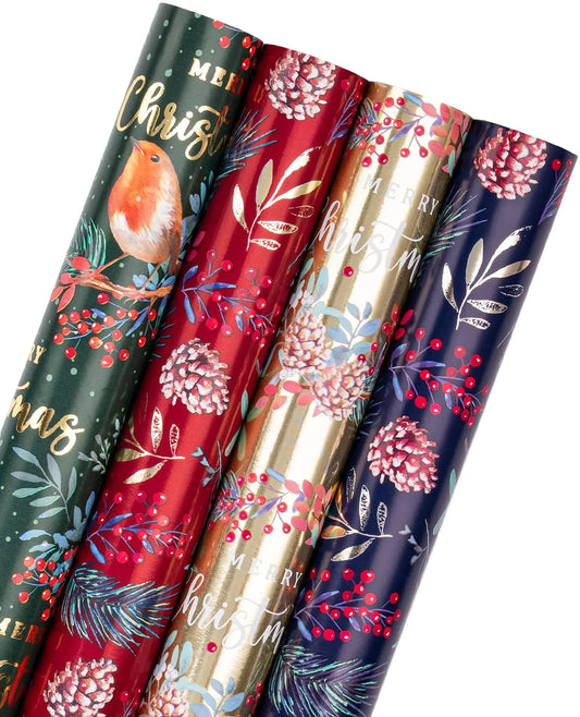 WRAPAHOLIC Christmas Wrapping Paper Roll - Red Green Gold Bird Christmas Garland Holly and Pinecones with Metallic Foil Shine Design - 4 Rolls - 30 Inch x 120 Inch Per Roll