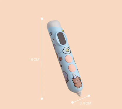Children's cartoon-themed pen with measurements on a beige background