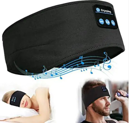 Black Bluetooth headband with music notes and people wearing it on a white background