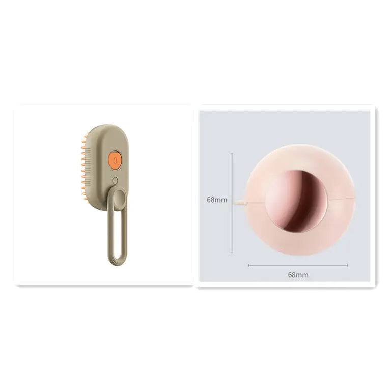 Beige grooming brush with orange button and pink rubber duck on a white background