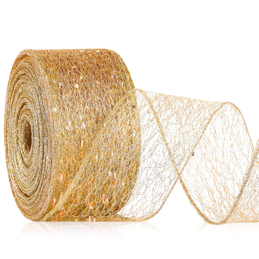 Waydress Christmas Metallic Gold Glitter Ribbons Christmas Gold Sparkly Mesh Craft Ribbon Wired Polyester Ribbon for Gift Wrapping Xmas Tree Floral Wedding Party Decor(40 Yard)